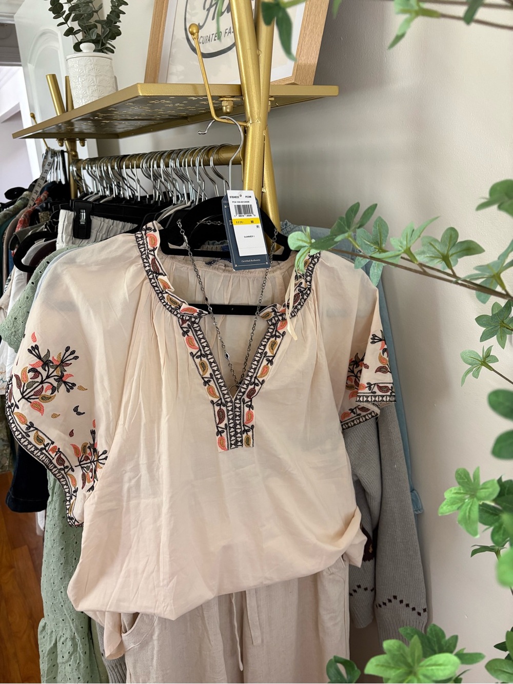 Democracy boho Embroidered Peasant Blouse in Light Peach and Black Trim